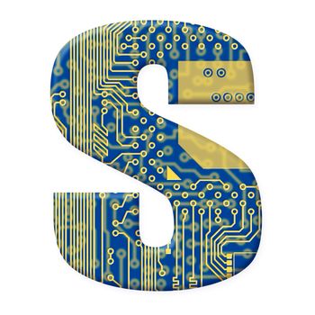 One letter from the electronic technology circuit board alphabet on a white background - S