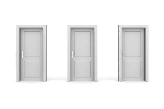 line of three grey doors - door and door frame, no walls - all doors closed