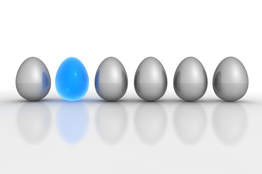 six metallic eggs ordered in a line - five eggs grey, one egg blue translucent