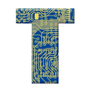 One letter from the electronic technology circuit board alphabet on a white background - T