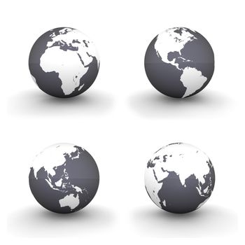 four views of a 3D globe with white continents and a shiny black ocean