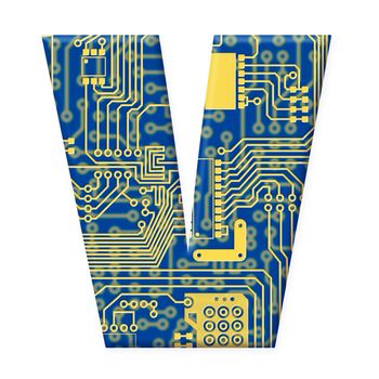 One letter from the electronic technology circuit board alphabet on a white background - V