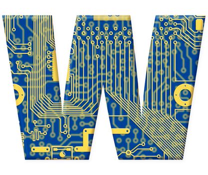 One letter from the electronic technology circuit board alphabet on a white background - W