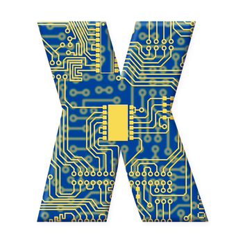 One letter from the electronic technology circuit board alphabet on a white background - X