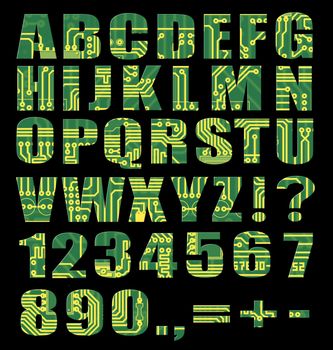 Electronic alphabet with letters and digits from circuit board on black background