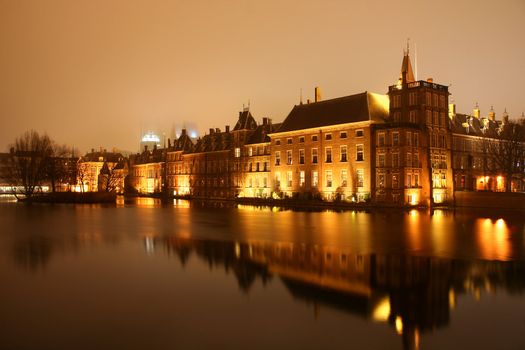 View of the parliament in The Hague at night.