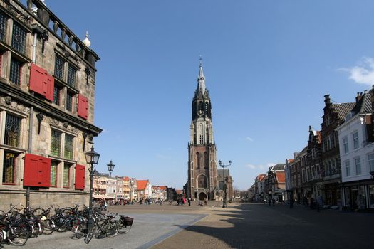 Tower of the New Church and market square of Delft
