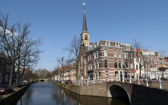 Canal and church in the old part of Delft
