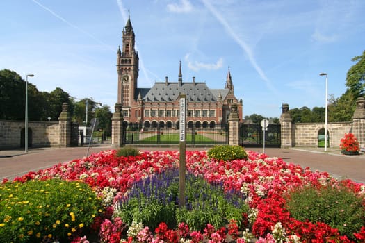 International Court of Justice in The Hague, Holland, with sign: May Peace Prevail on Earth