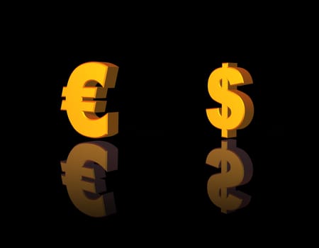golden dollar and euro symbol on black background - 3d illustration