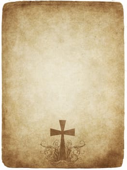 cross on old worn and grungy parchment paper