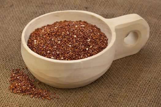 red quinoa grain on a rustic, wooden scoop against brown burlap background