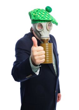 Man wearing a suit and gas mask on a white background