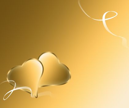 pair of golden hearts with white ribbons on a gold background