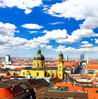 The aerial view of Munich city center from the tower of the Peterskirche