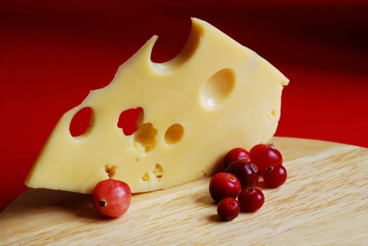 Piece of cheese on a red background