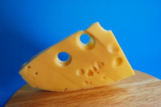 Piece of cheese on a blue background