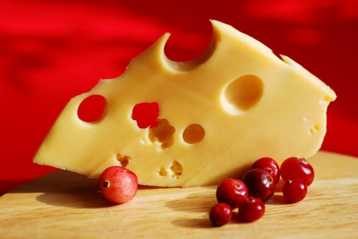 Piece of cheese on a red background