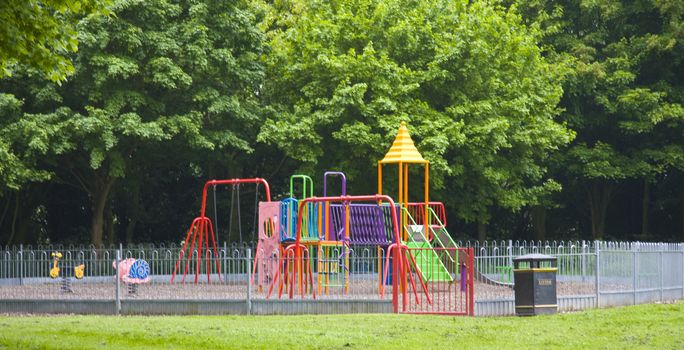 Brightly coloured childrens playground.