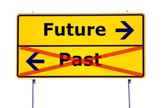 future and past concept with yellow road sign