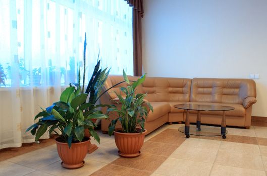 Nice home interior with brown leather sofa and round glass table