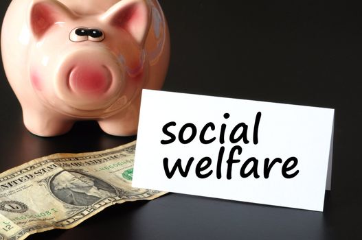 social welfare concept with money and piggy bank on black background