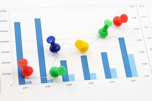business growth chart with colorful pins on white background