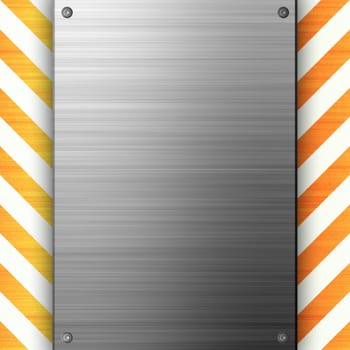 A riveted 3d brushed metal plate on a construction hazard stripes background.