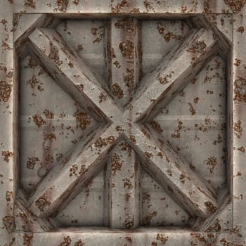 A rusted and worn 3D metal plate in an X shape. This tiles seamlessly as a pattern.