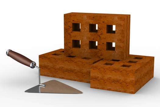 construction trowel and bricks on white. 3D image