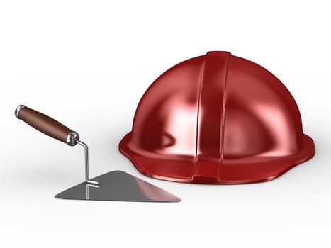 new construction trowel and red helmet isolated on white. 3D image