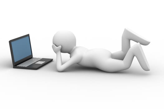 man look in computer on white background. Isolated 3D image