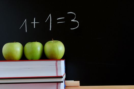 blackboard with apples and books showing a concept for education