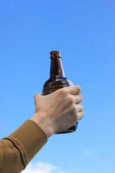 Hand, bottle, beer,  sky, drink