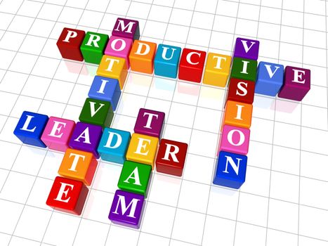 3d colour boxes crossword - motivate, leader, team, productive, vision