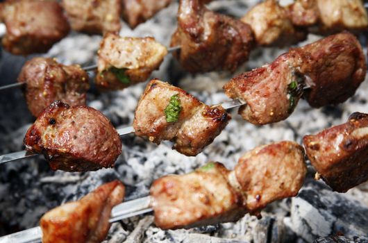 The image of fried meat on skewers