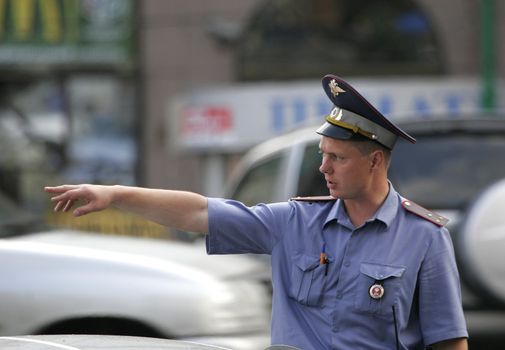 The Russian policeman in the street cities of Moscows