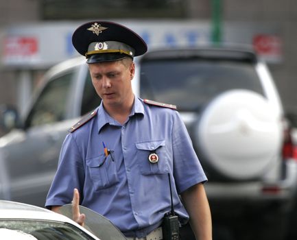 The Russian policeman in the street cities of Moscows