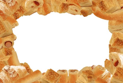 3:2 format landscape frame of different bread and pastry goods without any drop shadows isolated over white