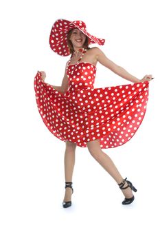 portrait redheaded with spotted dress on white background