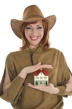 Business woman advertises real estate on isolated background