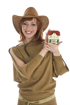 Business woman advertises real estate on isolated background