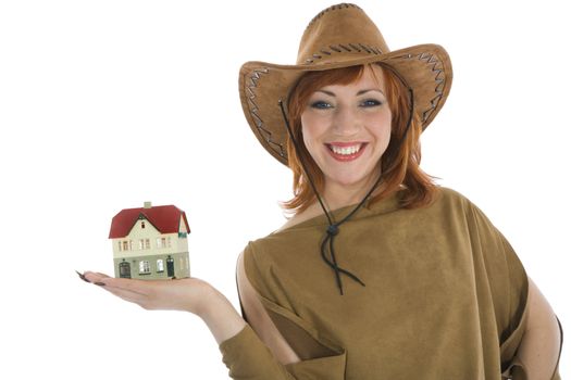 Business woman advertises real estate on isolated background
