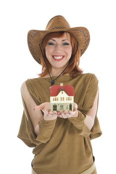 Business woman advertises real estate on isolated background