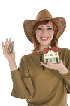 Business woman advertises real estate on isolated background