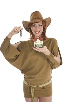 Business woman advertises real estate on isolated background