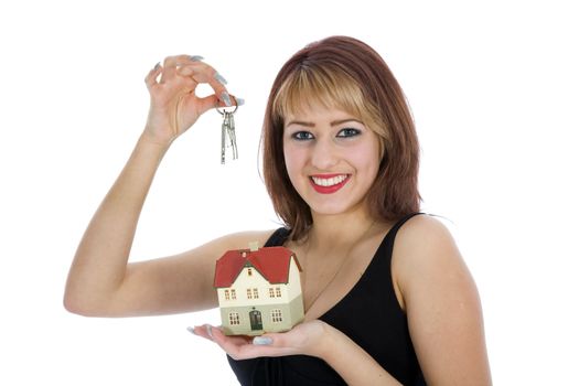 Business woman advertises real estate on isolated background