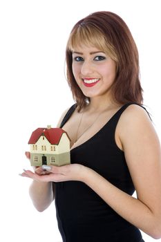 Business woman advertises real estate on isolated background