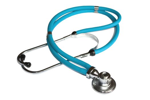 Close up of a blue stethoscope isolated over a white background.