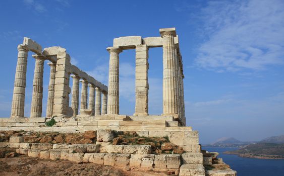 Remains of Temple of Poseidon, god of the sea in ancient Greek mythology, at Cape Sounion, near Athens (Greece).